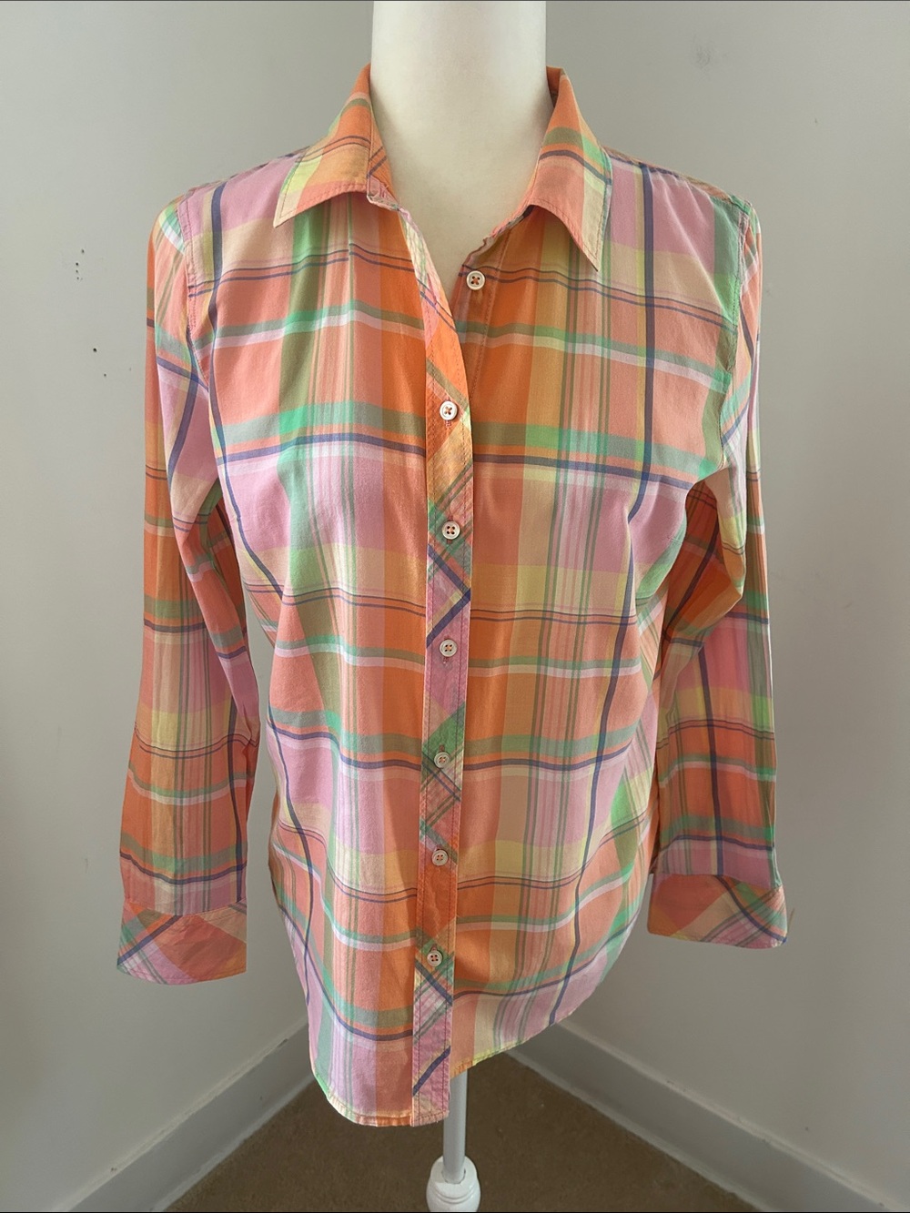 Talbots Pastel Plaid Button-Up in Peach, Pink & Mint sz S